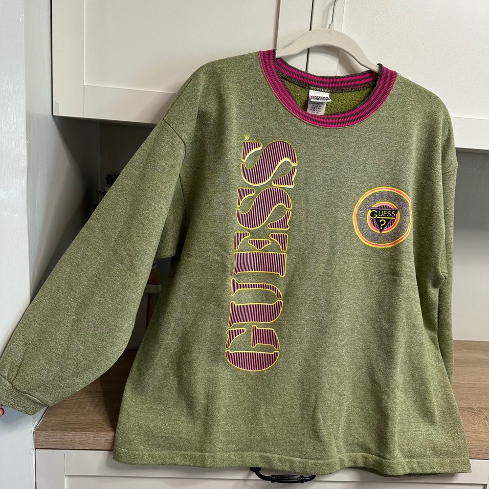 VTG Guess 1989 Georges Marciano Tag Sweatshirt Unisex OSFA Green Neon USA Made